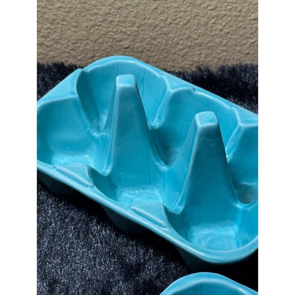 Ceramic Egg Holder Trays  Teal Blue Color  Set Of 2  6 Slots Each - Picture 4 of 8